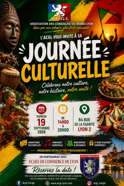 Affiche officielle ACGL — Journée culturelle, samedi 19 septembre 2026, 14h-20h, 84 rue de la Charité Lyon 2, en partenariat avec l'École de Commerce de Lyon