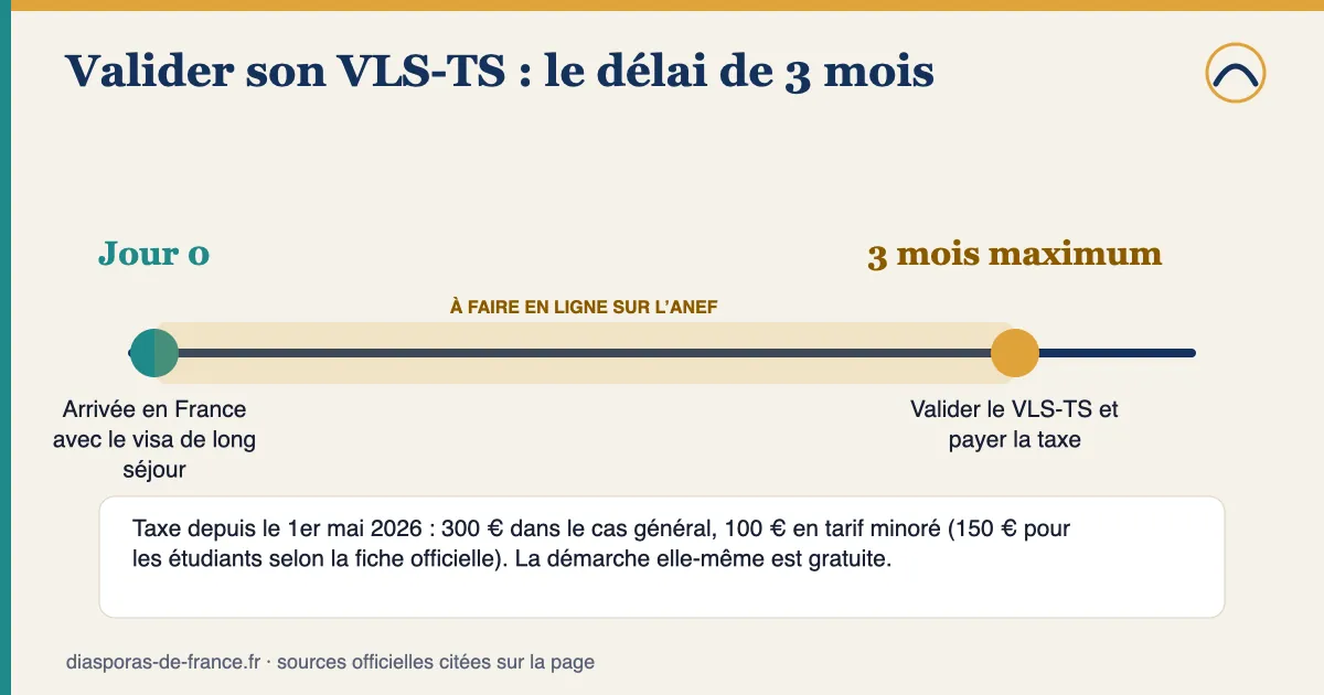 Frise du VLS-TS : après l’arrivée en France, la validation en ligne sur l’ANEF et le paiement de la taxe se font dans un délai de 3 mois maximum ; taxe de 300 € dans le cas général, 100 € en tarif minoré, 150 € pour les étudiants selon la fiche officielle.